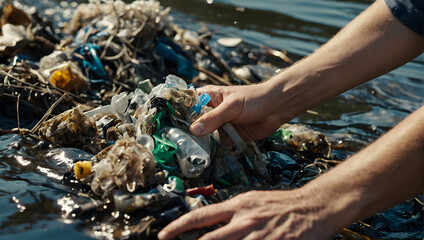 A close-up photograph of hands removing plastic waste and debris from the river, emphasizing the importance of individual action in keeping waterways clean