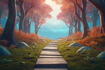 Poster Discover a surreal pathway to a mystical forest in this stunning 3D illustration of a fantasy landscape © Amila Vector