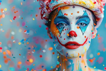 A brightly made-up clown girl on a bright background with confetti. The concept of a birthday celebration. - obrazy, fototapety, plakaty