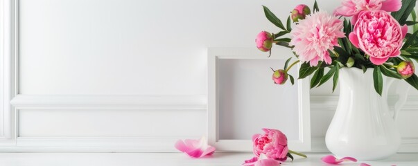 Plain wall background with empty frame and flower vase.