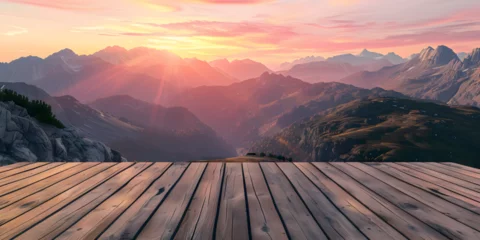 Wandcirkels plexiglas Brown wooden plank striped on layer colorful mountain background, Empty top of wooden table and view of sunset or sunrise background  © Aoun
