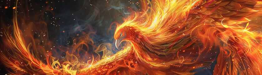 A fiery bird with its wings spread out, surrounded by smoke and fire - obrazy, fototapety, plakaty