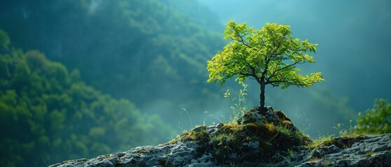 Young, lively tree growing from old base, serene nature background, midshot, vibrant and enduring spirit - obrazy, fototapety, plakaty