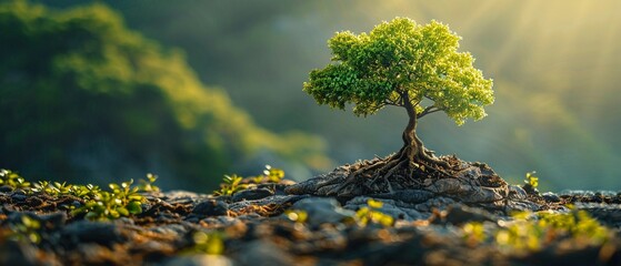 Young, lively tree growing from old base, serene nature background, midshot, vibrant and enduring spirit - obrazy, fototapety, plakaty