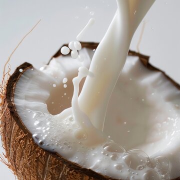 A splash of milk pouring into a cracked coconut with droplets and bubbles visible, against a neutral background.