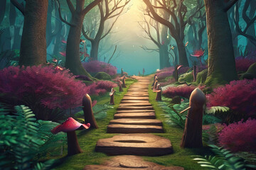 Discover a surreal pathway to a mystical forest in this stunning 3D illustration of a fantasy landscape - obrazy, fototapety, plakaty