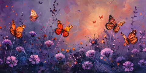 Obraz na płótnie Canvas Delicate oil painting of wildflowers and orange butterflies, oil paint