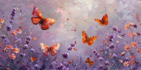 Obraz na płótnie Canvas Delicate oil painting of wildflowers and orange butterflies, oil paint