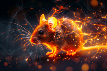 a orange mouse with a flame design on a black background