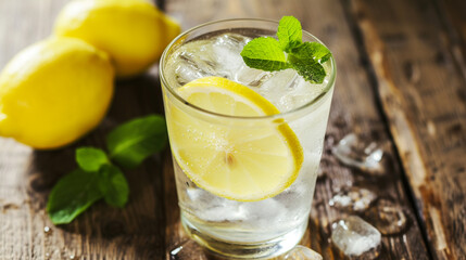 Fresh healthy cold lemon beverage. Water with lemon. Generative Ai
