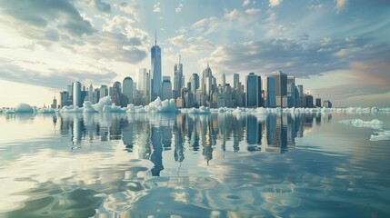 An apocalyptic vision of a major citys skyline submerged in water due to the rising sea levels, a consequence of melting polar ice caps caused by global warming.