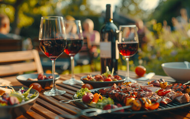 Grilled BBQ meat salads and wine Outdoor home party