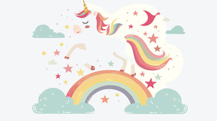 Funny unicorn on a rainbow. Childrens drawing. background