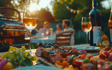 Grilled BBQ meat salads and wine Outdoor home party