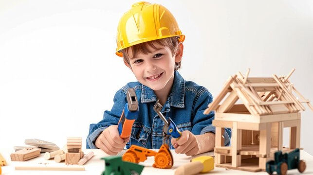 A smiling child wearing a hard hat pretends to work with tools, constructing a wooden house model, evoking a construction theme.