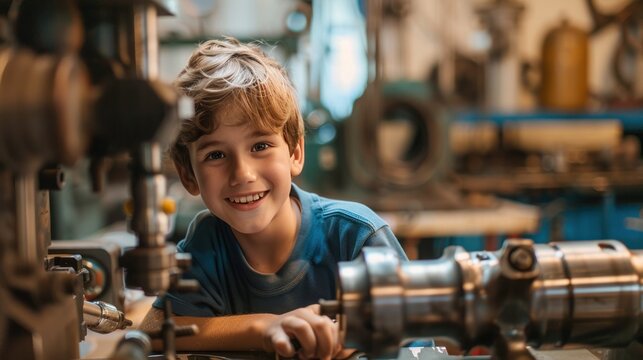 A young boy with a cheerful smile standing by a lathe in a workshop, surrounded by various tools and machinery.