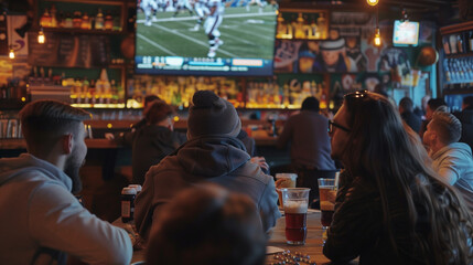  People watching nfl on TV in a sports bar.