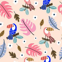 Vector seamless pattern with toucan birds and montera and leaves. and tropical forest flowers, hand drawn in cartoon style, for textile fabric print..