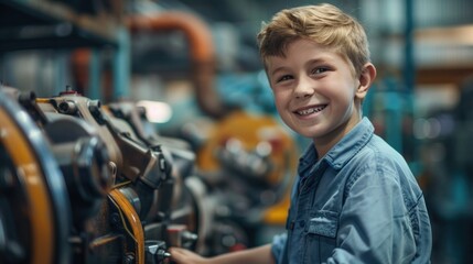 Fototapeta premium Young boy in blue shirt smiling at the camera in an industrial setting with machinery in the background.