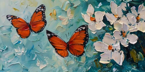 Delicate oil painting of wildflowers and orange butterflies, oil paint