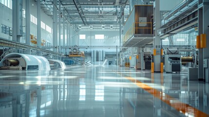 Modern industrial factory interior with no people, featuring machinery, glossy floor, and overhead lighting for a clean and efficient look. - obrazy, fototapety, plakaty