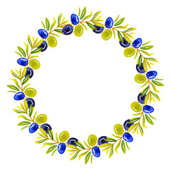 Watercolor olive branch wreath. Hand drawn PNG.