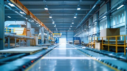 Obraz premium Modern industrial warehouse interior with conveyor belts, assembly stations, and machinery for automated production line.