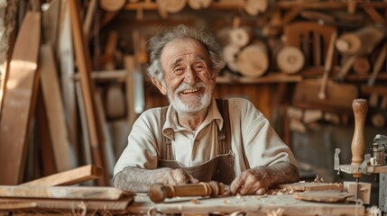 An elderly craftsman with a joyful expression wearing an apron, surrounded by woodworking tools and creations in a rustic workshop. - obrazy, fototapety, plakaty