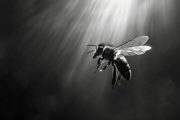 A portrait of a bee hovering in the air looking around for a place to find some nectar to collect and make honey. The insect is flying in front of a dark background. shadowy - obrazy, fototapety, plakaty