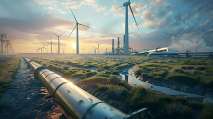 A hydrogen pipeline with wind turbines and in the background Green hydrogen production concept
