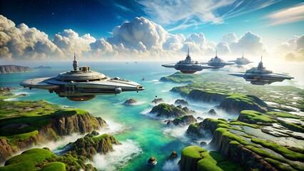 Futuristic scifi battle space ships hover over an turquoise ocean on a distant alien planet