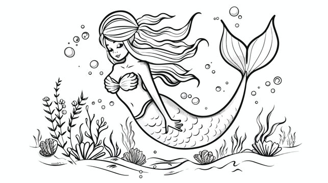 Magic mermaid girl black and white design. Sketch for