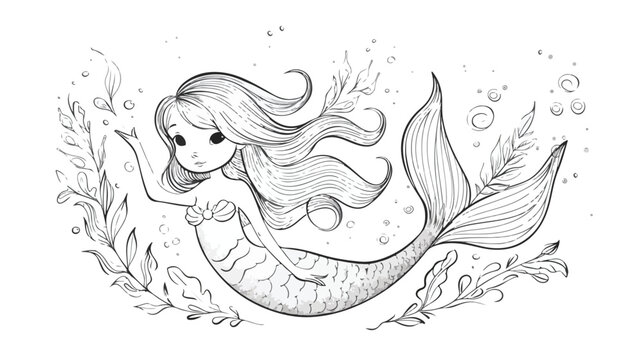 Magic mermaid girl black and white design. Sketch for