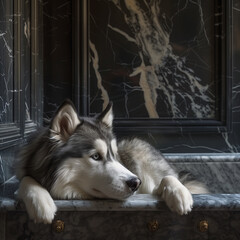 Husky dog in the bathroom, Baroque castle on the background