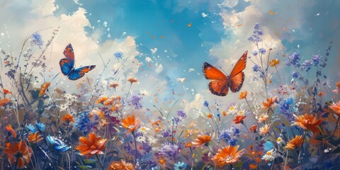 Fototapeta na wymiar Delicate oil painting of wildflowers and orange butterflies, oil paint