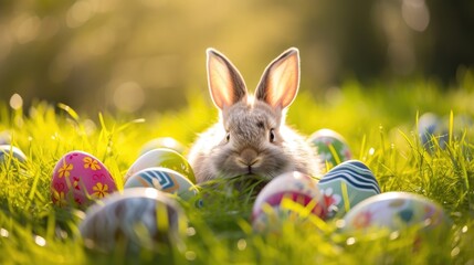 A happy rabbit is sitting in the grass among Easter eggs in a natural landscape, surrounded by terrestrial plants and enjoying the grassland AIG42E - obrazy, fototapety, plakaty