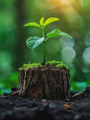 Vibrant young tree sprouting from old stump, lush nature background, symbol of renewal, closeup, vivid and hopeful - obrazy, fototapety, plakaty