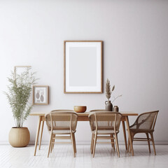 A blank mockup white wall frame in a minimalist Boho dining room