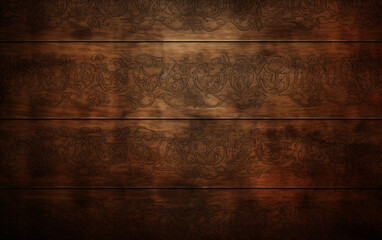 A close-up of a wooden wall with an engraved vintage pattern on it. Wood texture background - obrazy, fototapety, plakaty