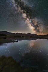 Milky Way Galaxy Arching Over a Serene Landscape, With Distant Mountains and a Tranquil Lake...
