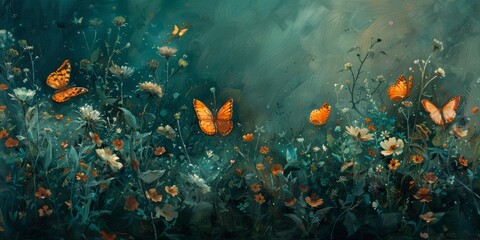 Naklejka na ściany i meble Exquisite green tones of wildflowers and orange butterflies in oil painting, oil paint