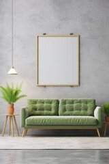 Mockup of modern interior with empty wall frame and sofa