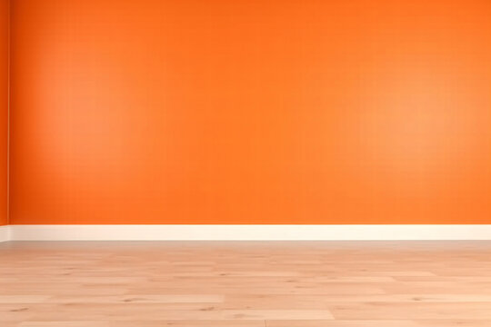 The room is empty and features an orange wall and a wooden floor. It can serve as a studio background wall to showcase your products.