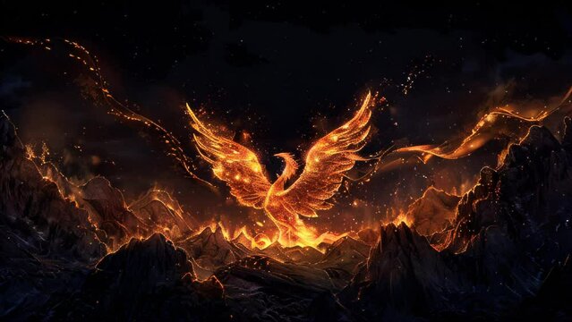Against a backdrop of pitch-black darkness, a phoenix-like image formed from blazing flames. Vivid oranges and reds stand out starkly, creating a mysterious and fantastical atmosphere. 