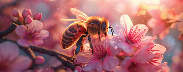 Bee Gathering Nectar from Blossoming Flowers - obrazy, fototapety, plakaty