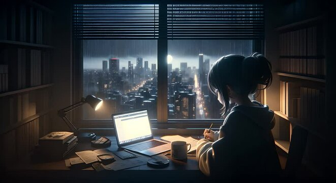 lofi Girl writes in a notebook under a lamp on a table near the window against the background of the falling rain
