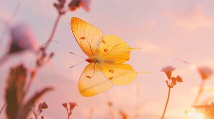 A dainty yellow butterfly flutters gracefully, its delicate wings resembling hands in a yoga gesture, against a dreamy pastel pink sky