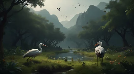 Foto op Plexiglas Fantasy landscape with two storks in a swamp, digital painting, A shallow river with transparent water and a group of herons hunting for fish.generative.ai © Zartasha