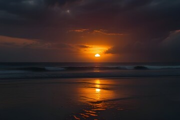 Obraz premium Dramatic view of a sunset in the right moment from the beach Generative AI