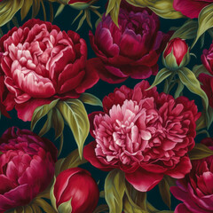 Seamless beautiful deep pink peony flowers pattern, spring wallpaper design. Generative ai